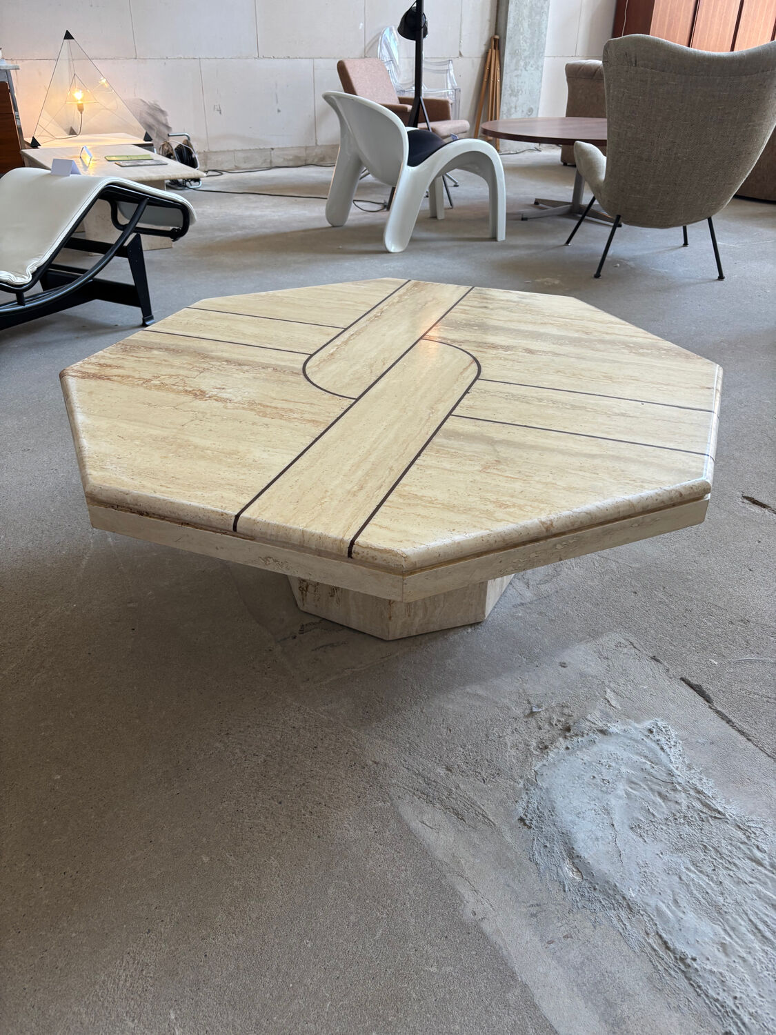 Vintage Octagonal Travertine Coffee Table with Geometric Pattern, 1970