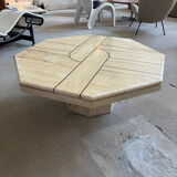 Vintage Octagonal Travertine Coffee Table with Geometric Pattern, 1970