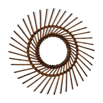 Large vintage bamboo and rattan sun mirror 53 cm in diameter