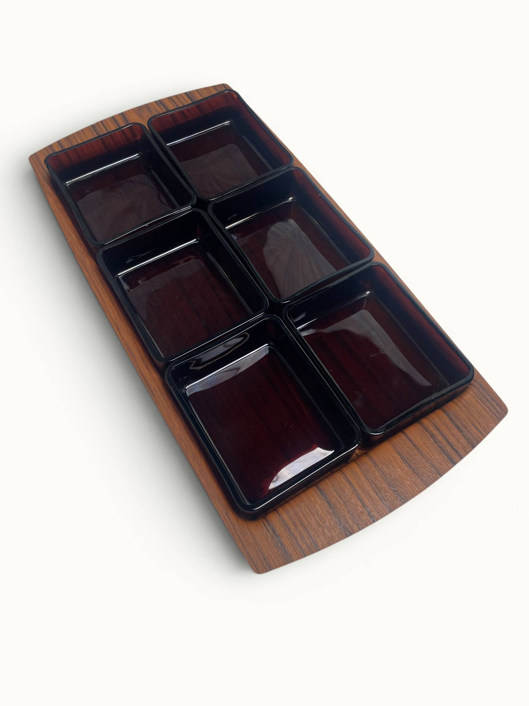 Plateau apéritif service Vereco — verre ambré fumé — France années 70