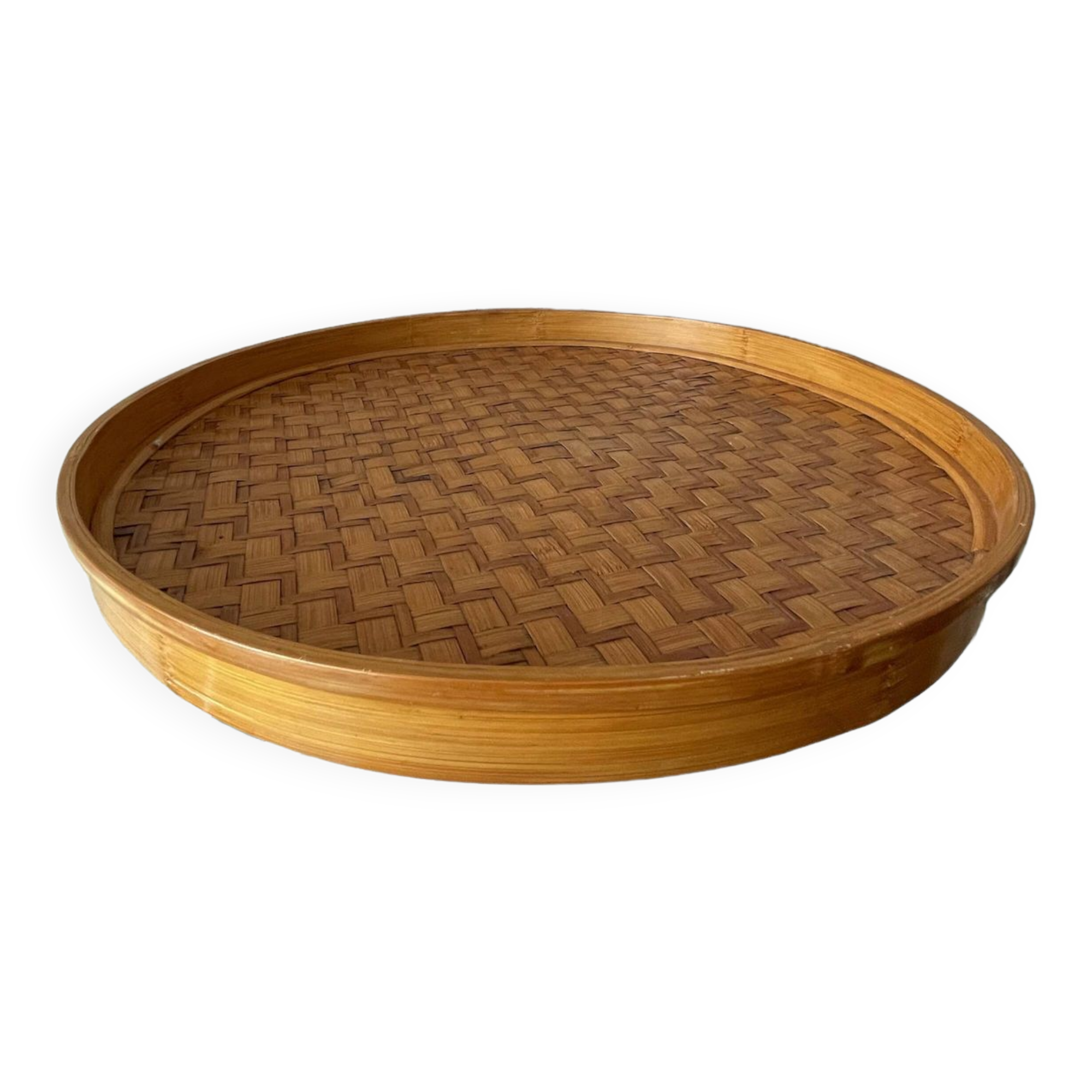 Round serving tray in vintage bamboo