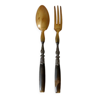 Antique salad servers in horn and chiseled metal