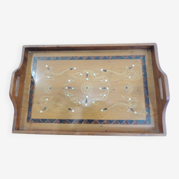 Serving tray in brown/vintage wood marquetry