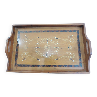 Serving tray in brown/vintage wood marquetry