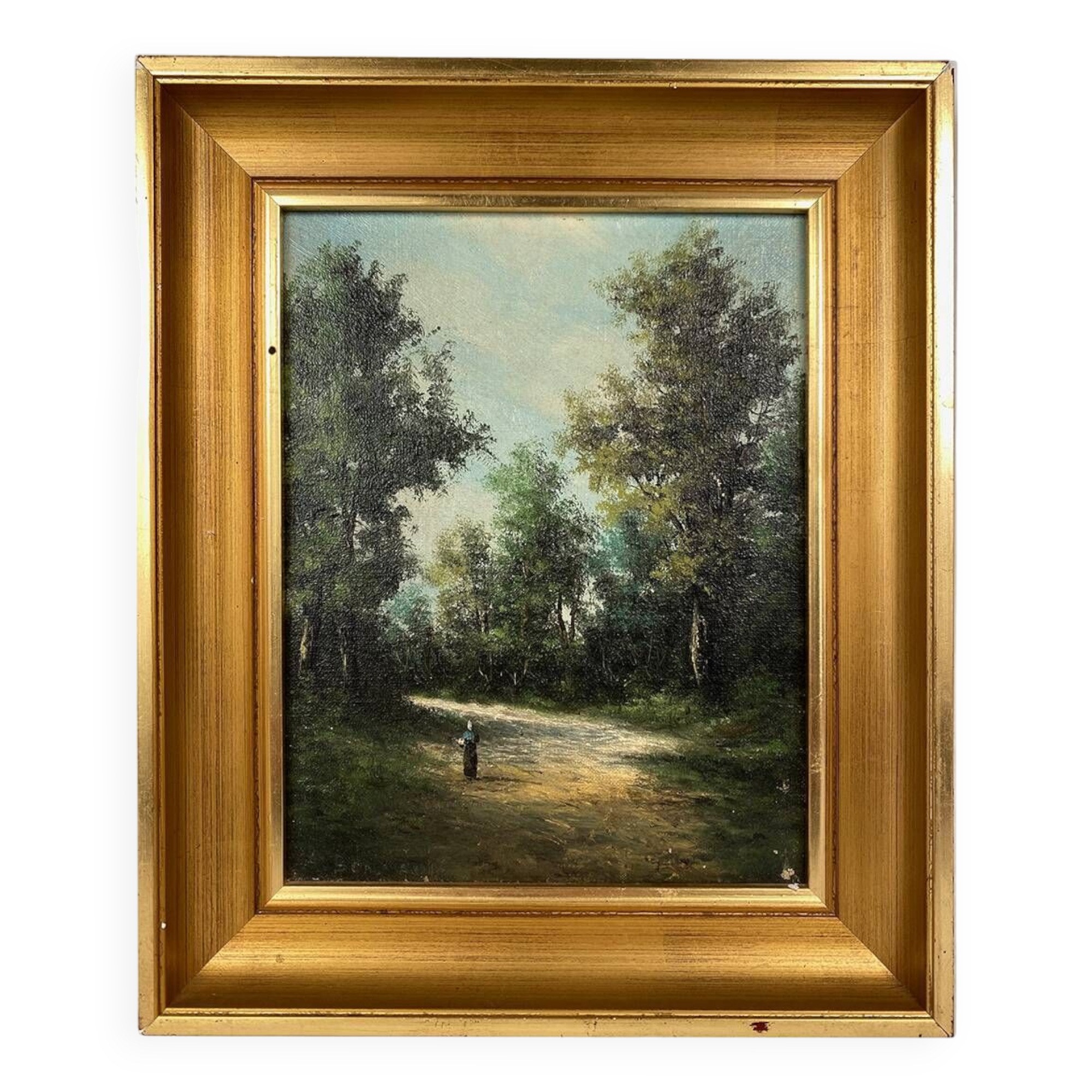Alain Bonnaud (20th century), small oil on canvas. “Woman on a forest path”