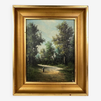 Alain Bonnaud (XXe), petite huile sur toile. “Femme sur un chemin en forêt”