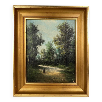 Alain Bonnaud (20th century), small oil on canvas. “Woman on a forest path”