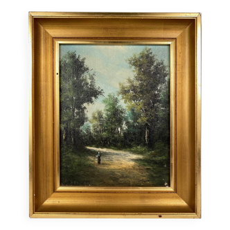 Alain Bonnaud (XXe), petite huile sur toile. “Femme sur un chemin en forêt”