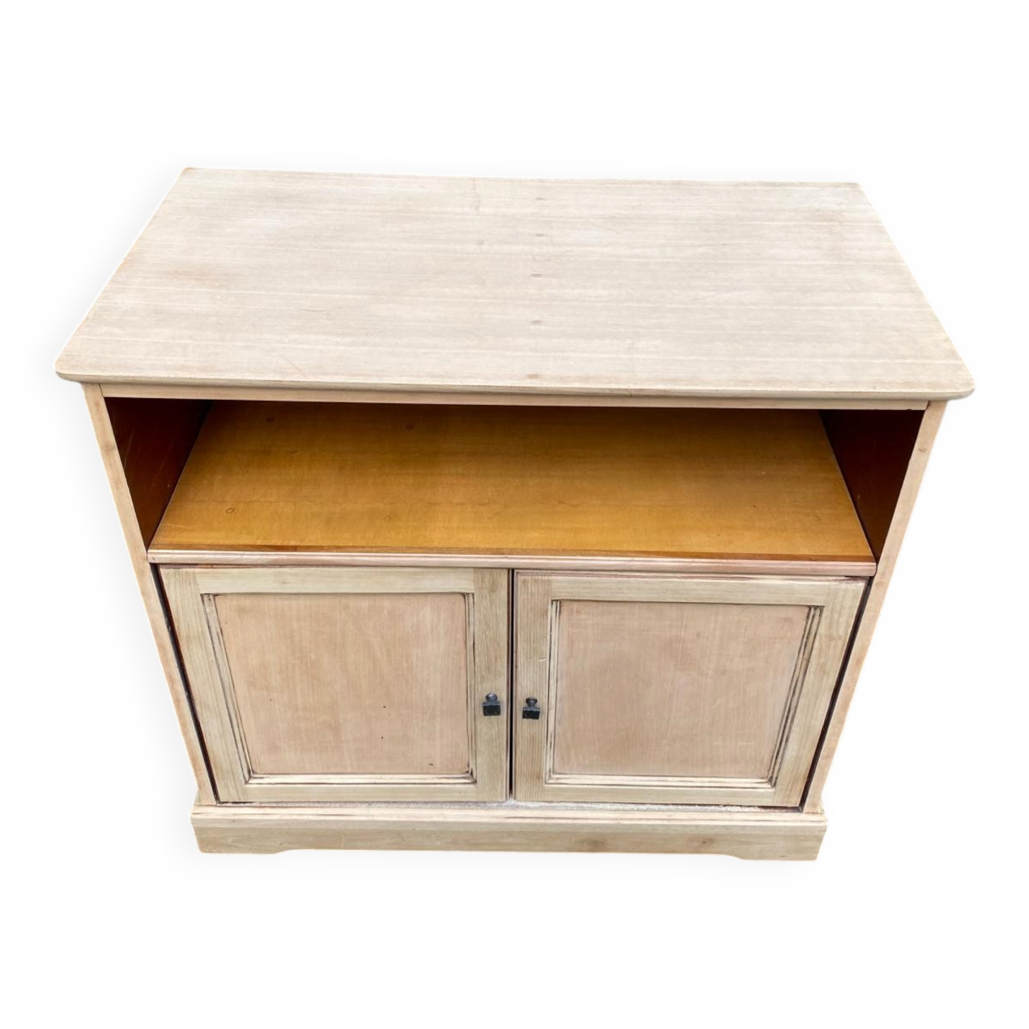 Louis Philippe two-door buffet, renovated TV unit in raw wood.