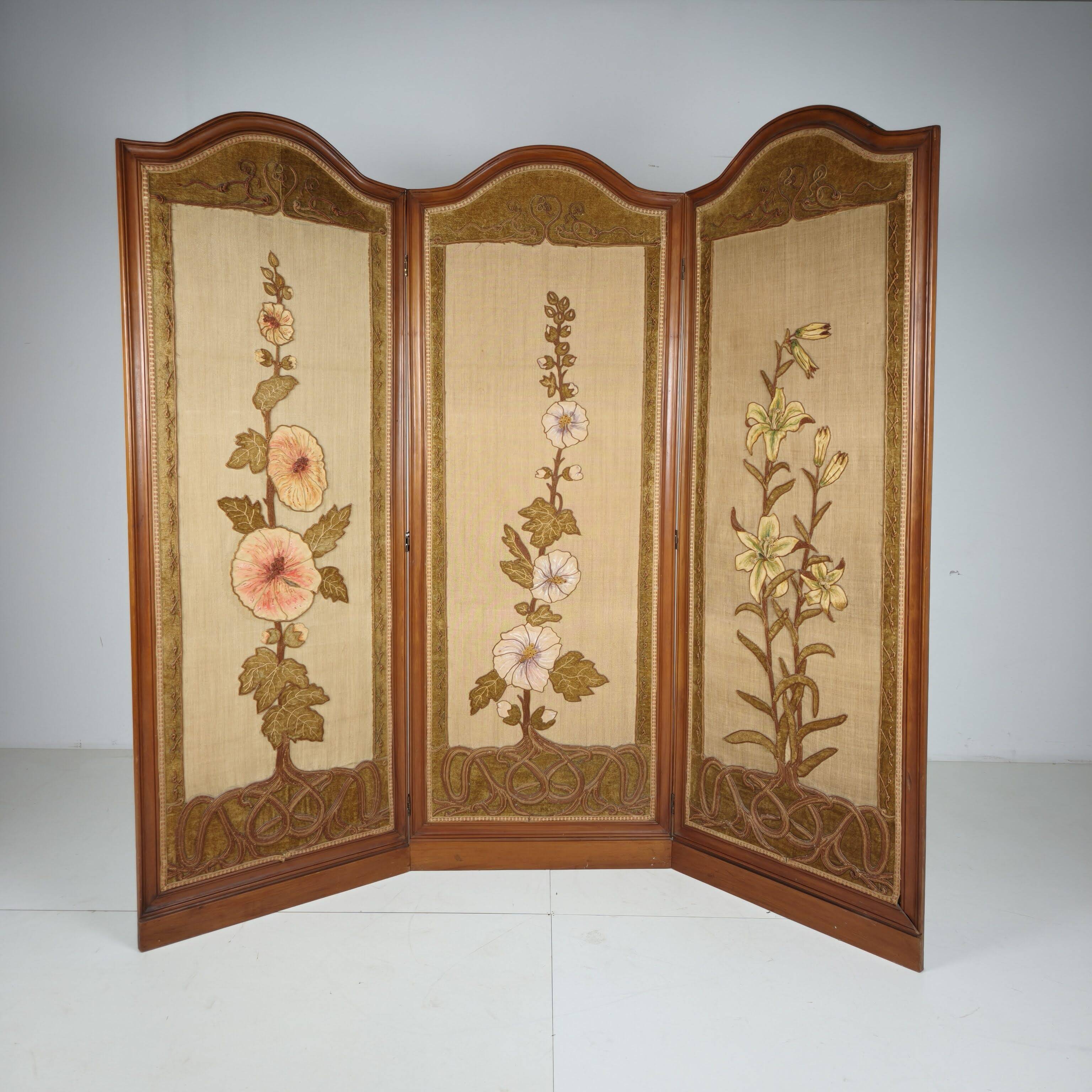 Art Nouveau Room Screen with Embroidered Floral Panels, circa 1900