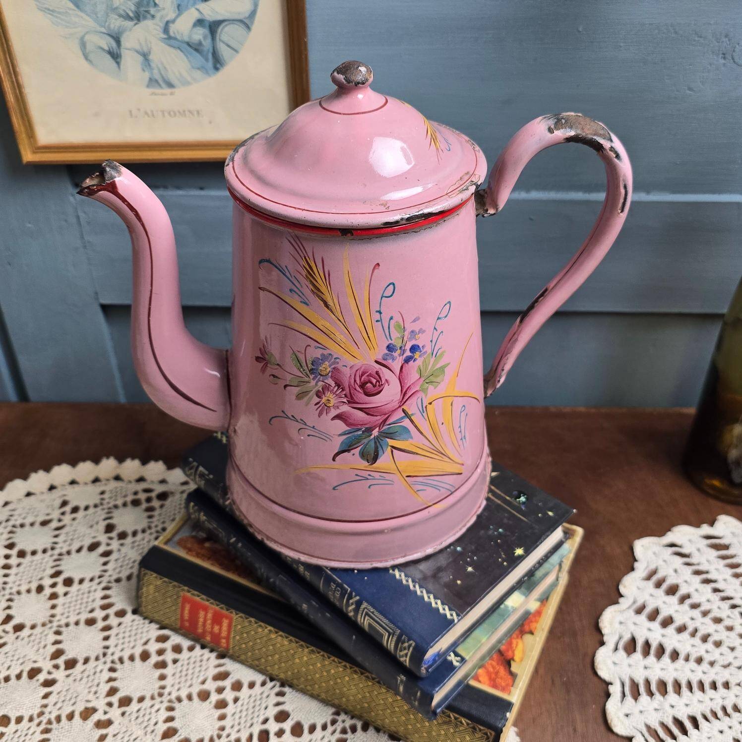Antique pink enamel coffee pot – Hand-painted floral decoration – 1920s