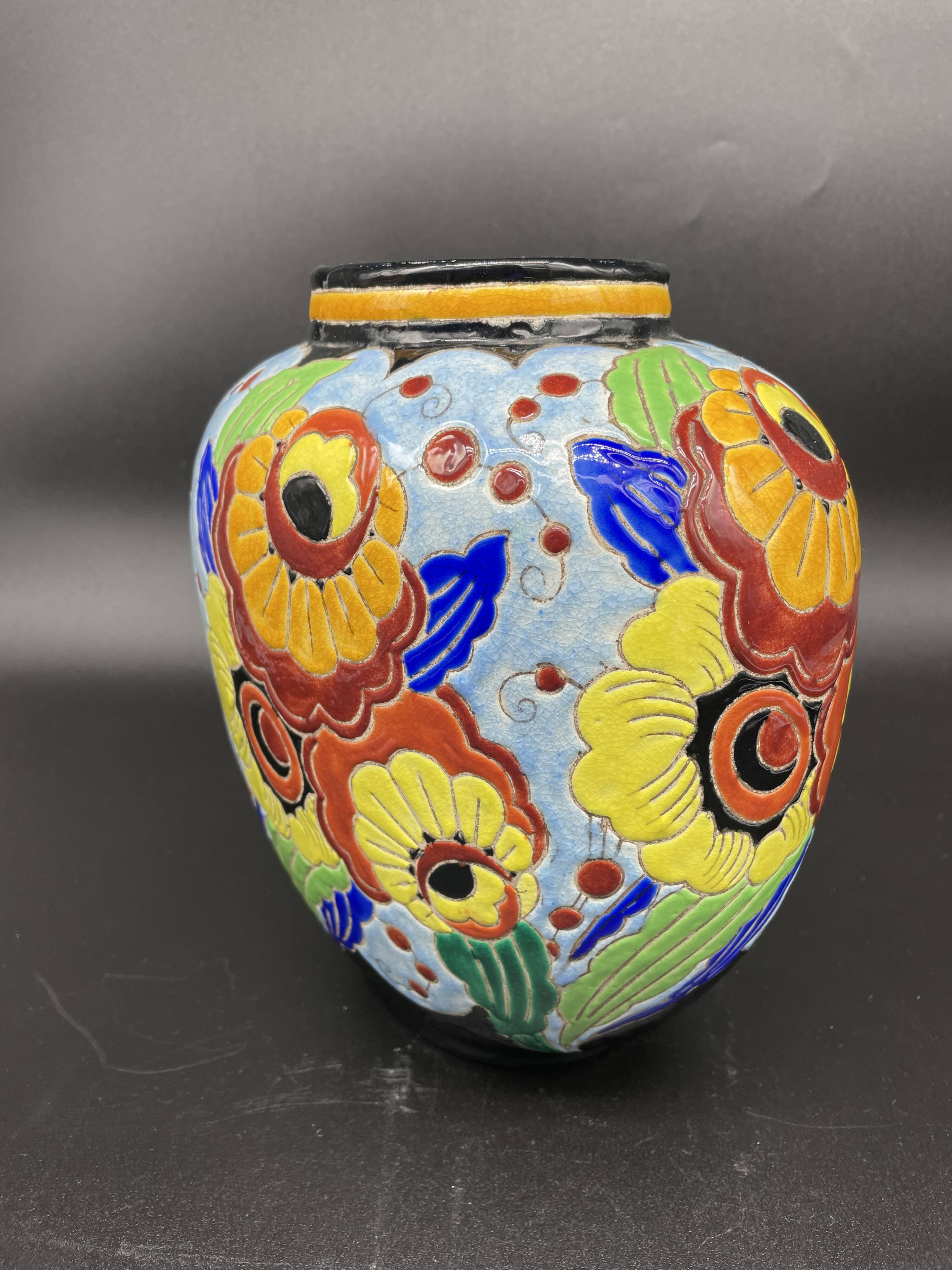 Ovoid vase, charles catteau, keramis, art deco period, fine earthenware, floral enamel decoration, vase col