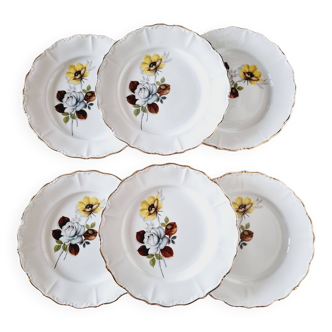 6 French Porcelain Sarreguemines Flowers Dinner Plates