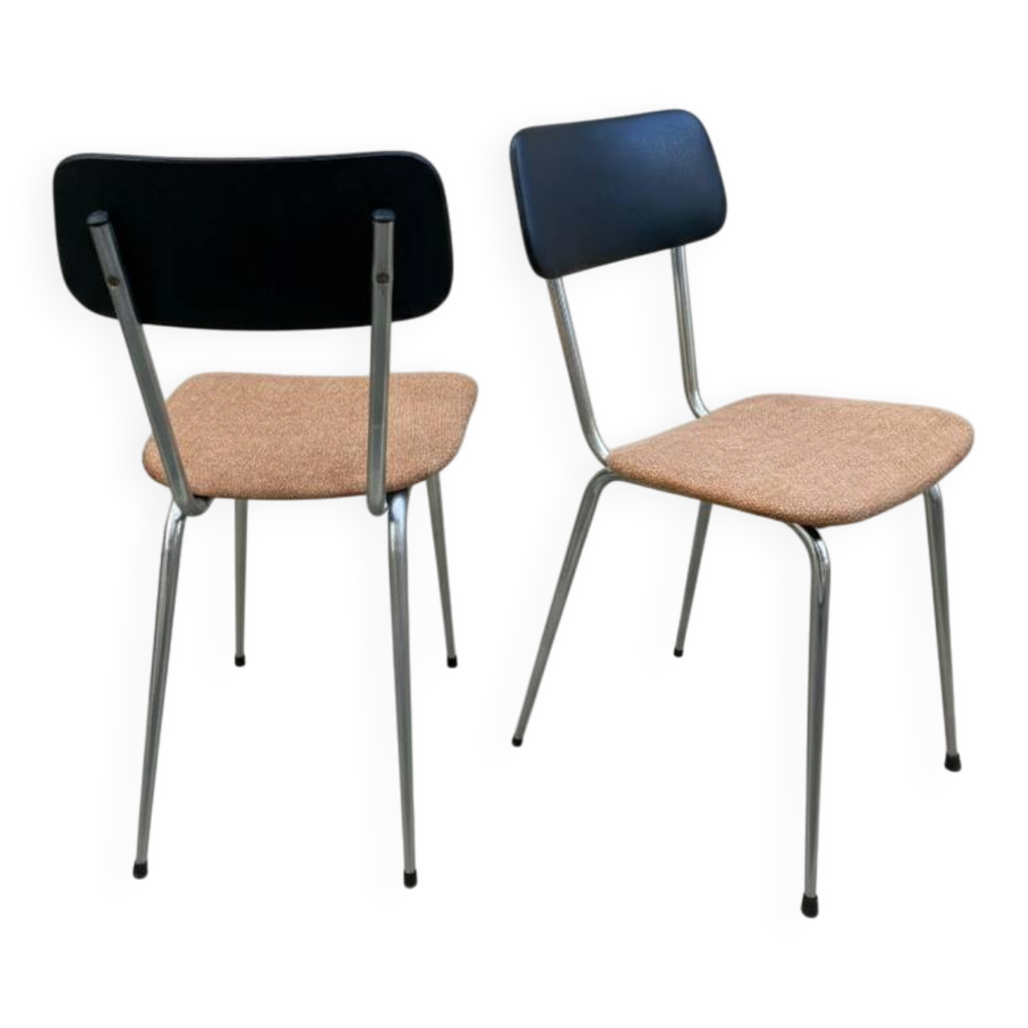 Pair of vintage chrome chairs, imitation leather & rust-orange cotton