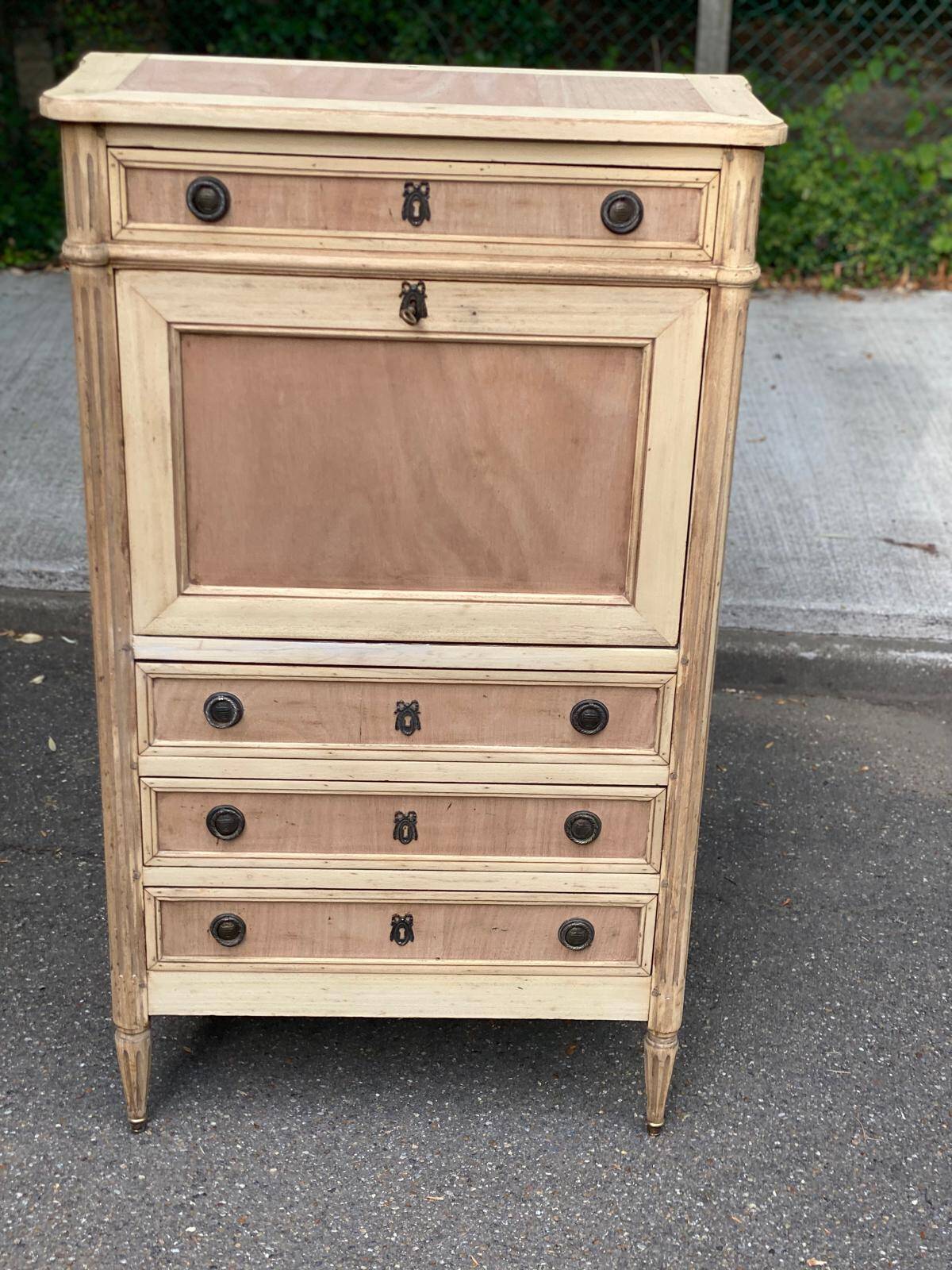 Secretary Louis XVI in stripped solid pine with a drop-down front and red leather, 1950.