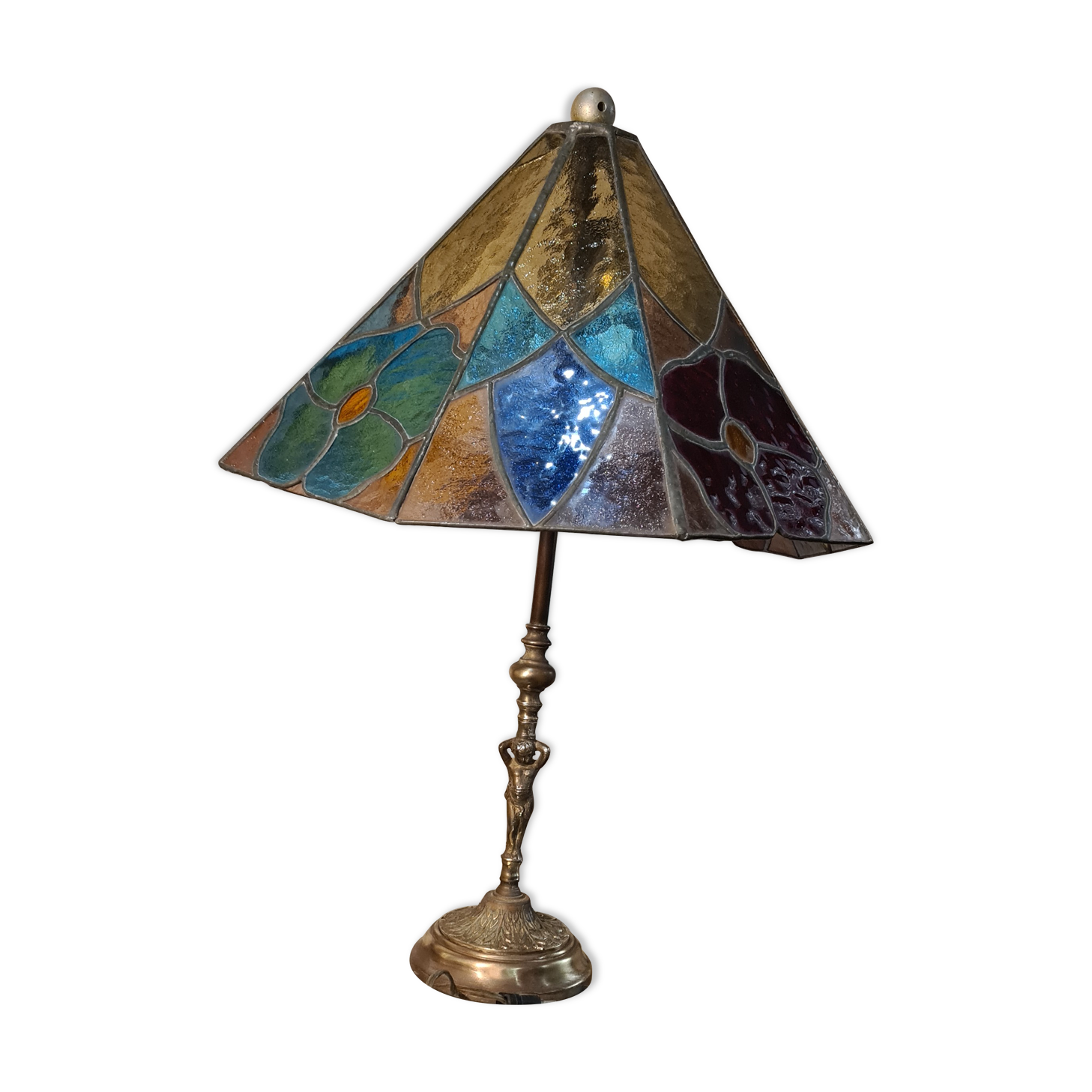 table lamp stained glass tiffany style 1960 has 70 brass and bronze 58x40