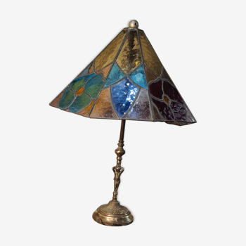 Lampe de table vitrail style tiffany 1960/70 laiton et bronze  58x40