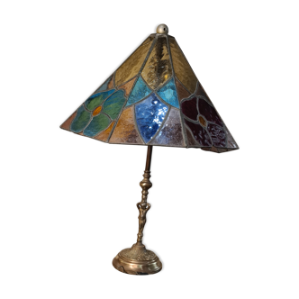 table lamp stained glass tiffany style 1960 has 70 brass and bronze 58x40