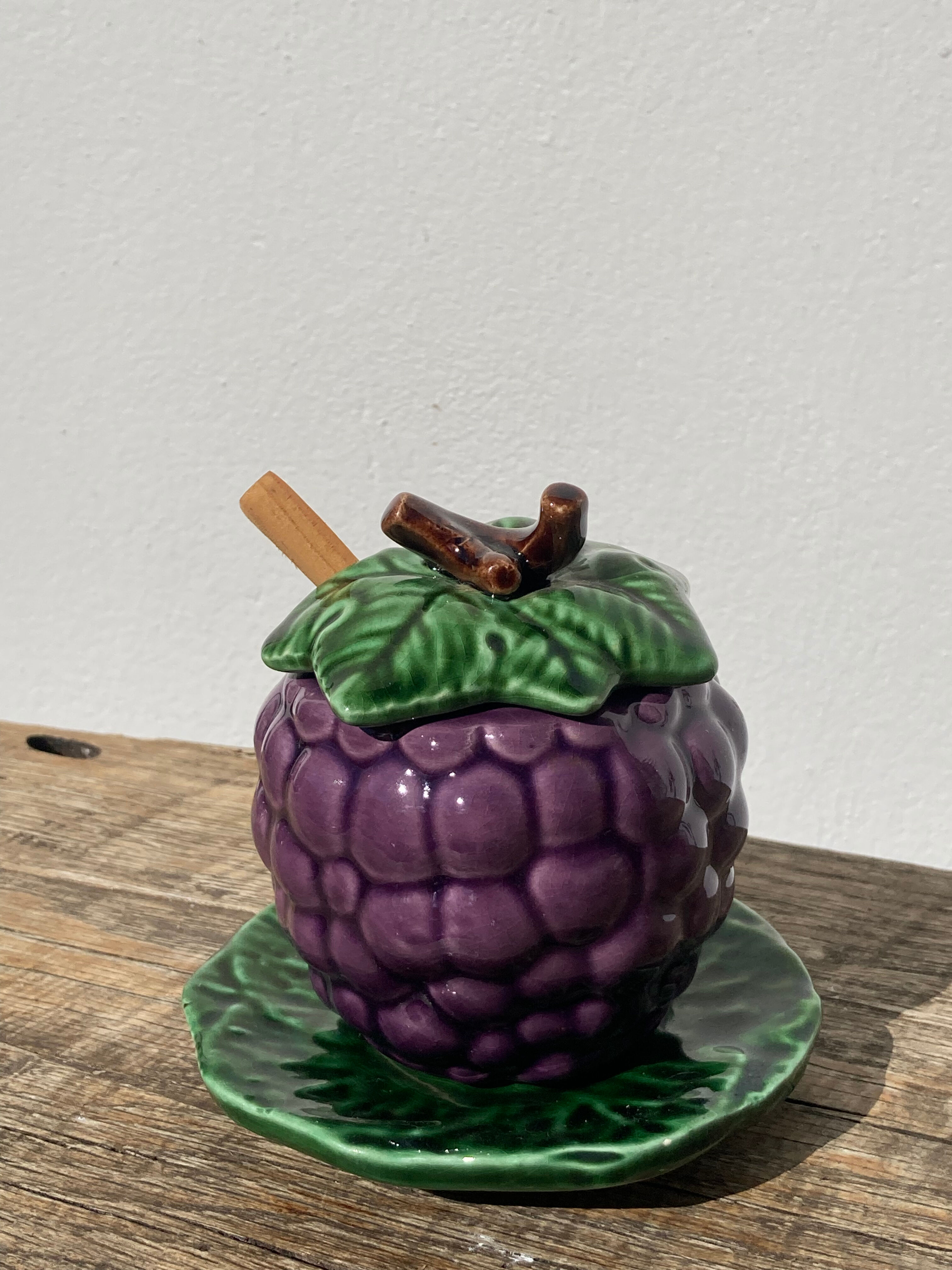 Sweet in Grape Slip or vintage jam maker, green and purple earthenware ceramics