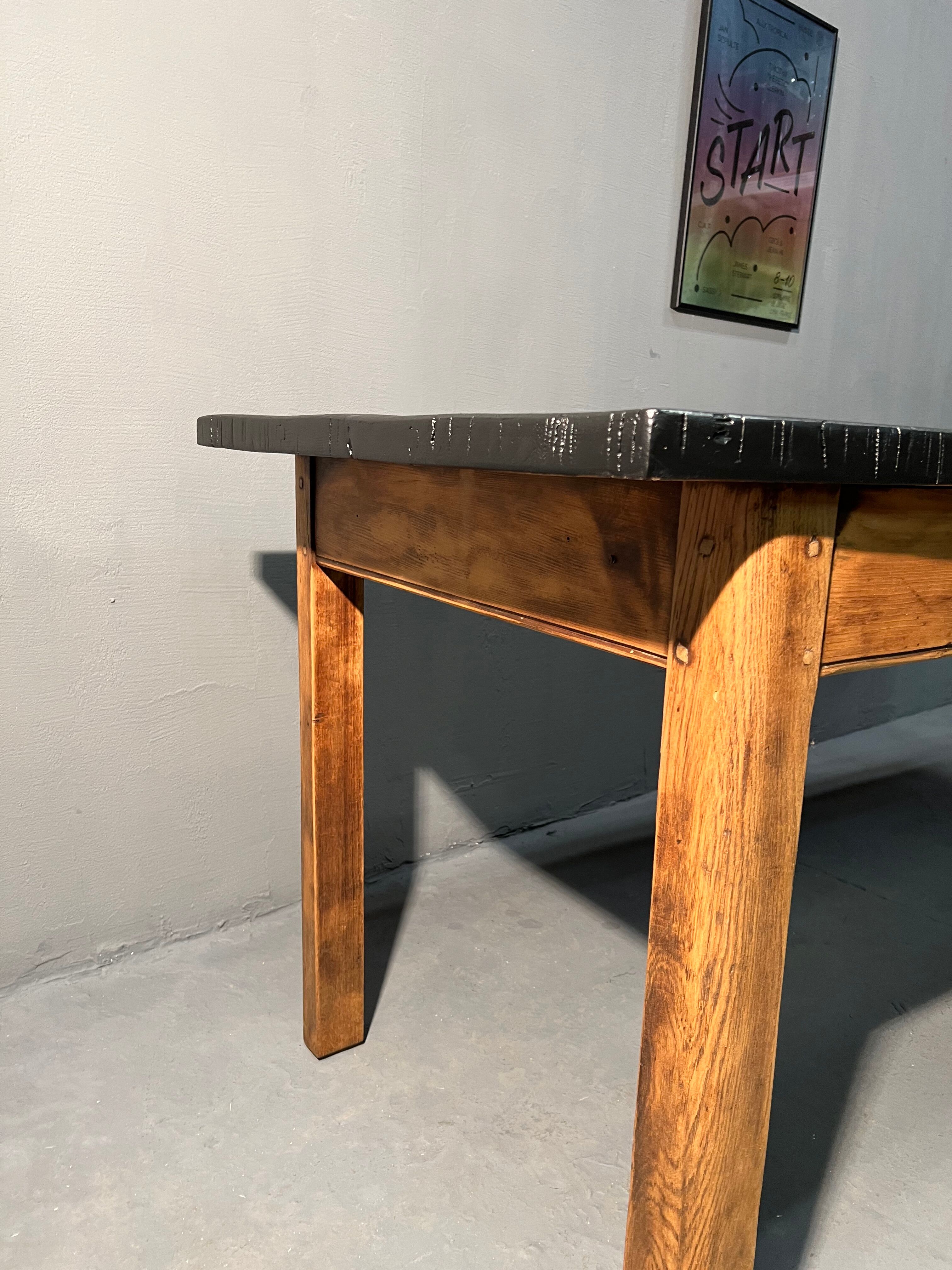 Oak farmhouse table, black top
