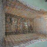 Landau vintage in wicker and brown wood, 1930s, large wheels and metal structure.