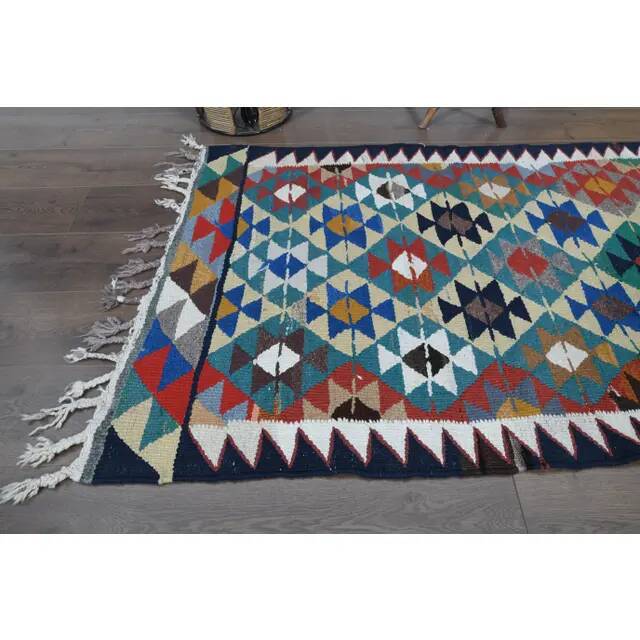 Turkish Vintage Oushak Runner Handwoven Wool Colorful Runner Rug 97x302
