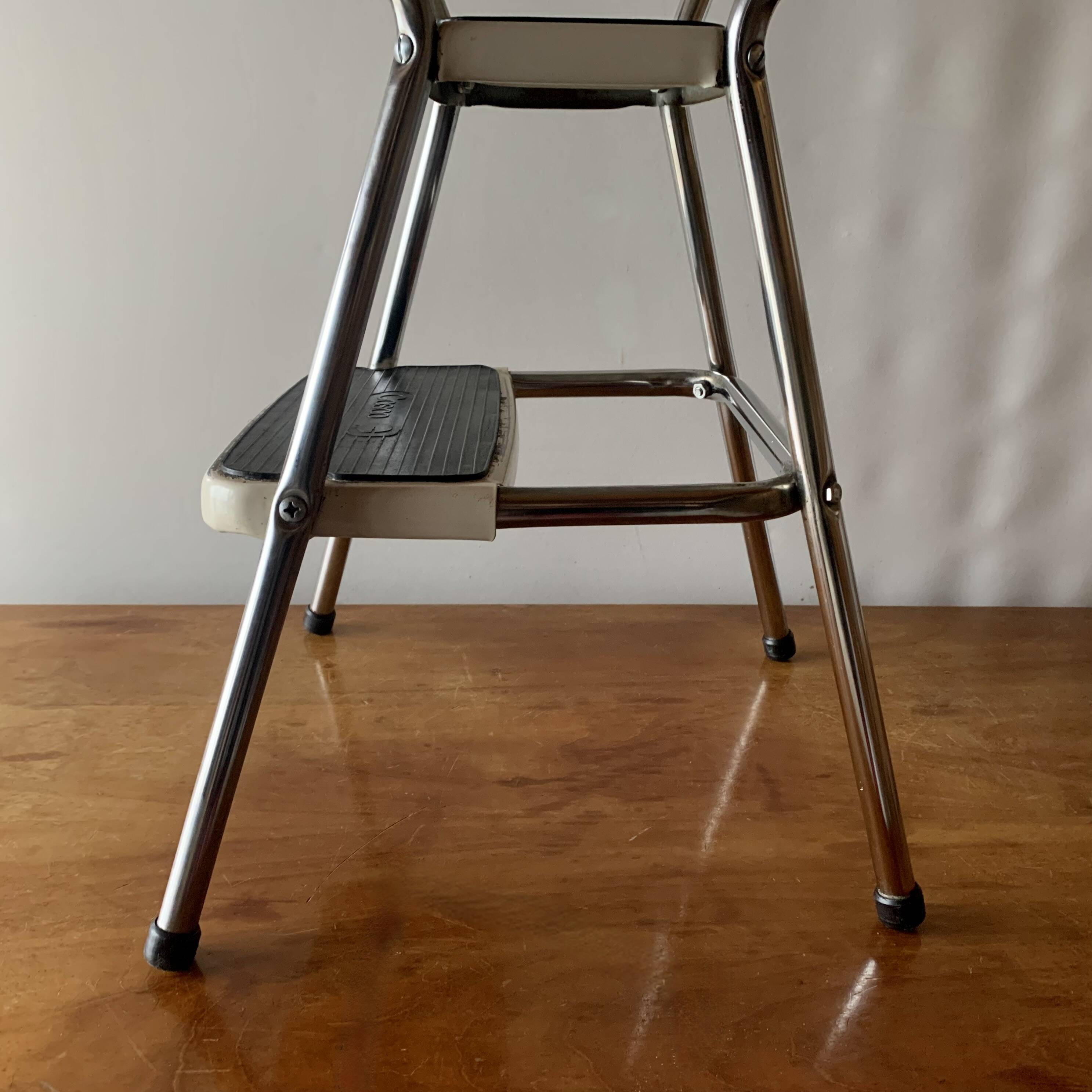 Vintage cosco step stool chair in chrome steel and white skai