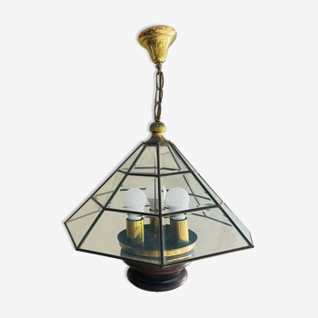Art Deco chandelier beveled glass, brass and wood