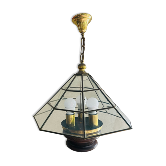 Art Deco chandelier beveled glass, brass and wood