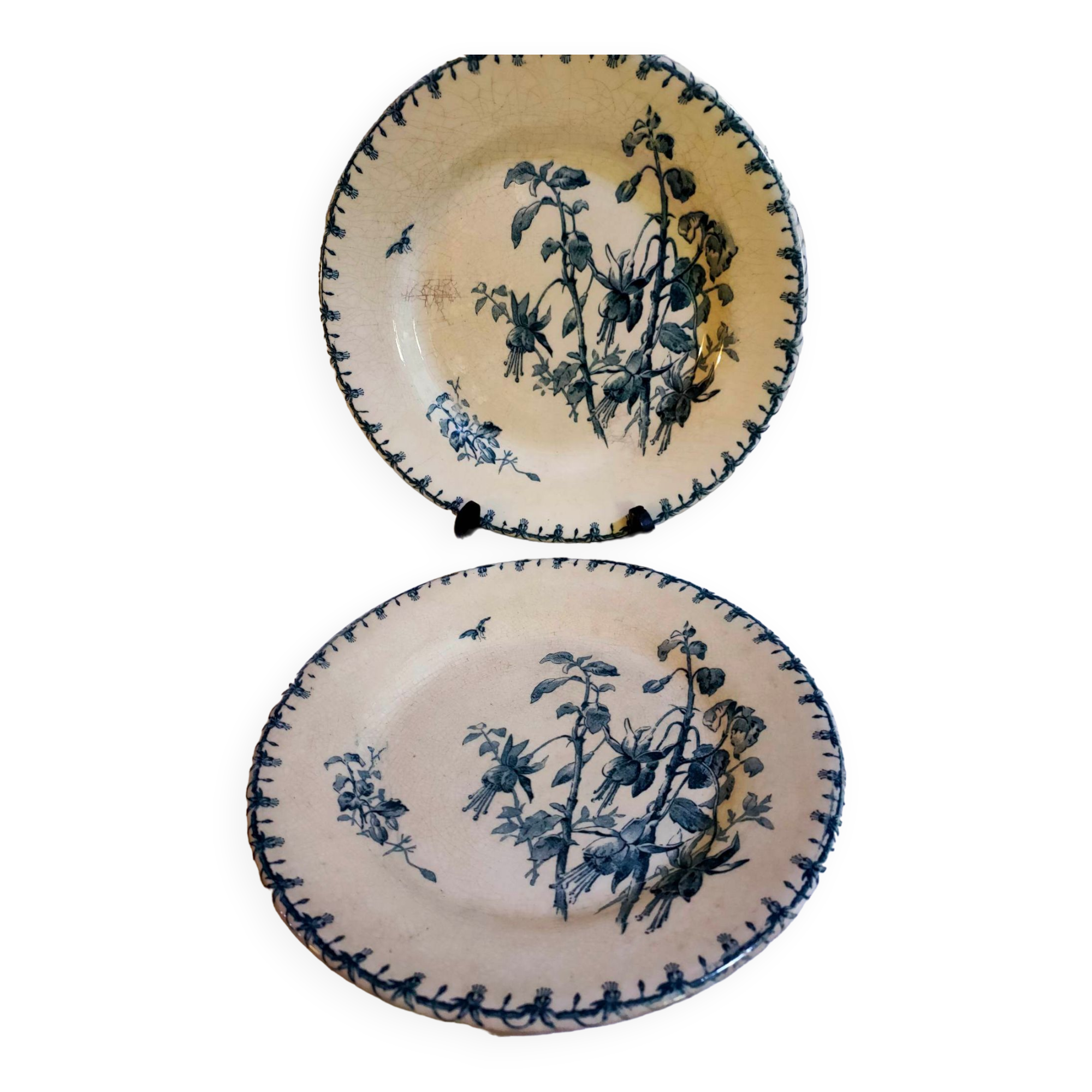 2 flat blue iron earth plates in Gien earthenware