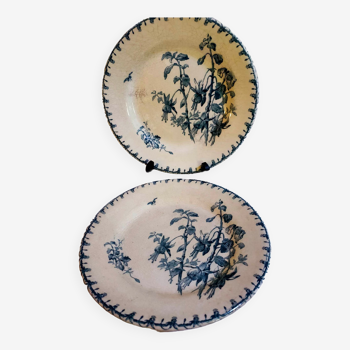 2 flat blue iron earth plates in Gien earthenware
