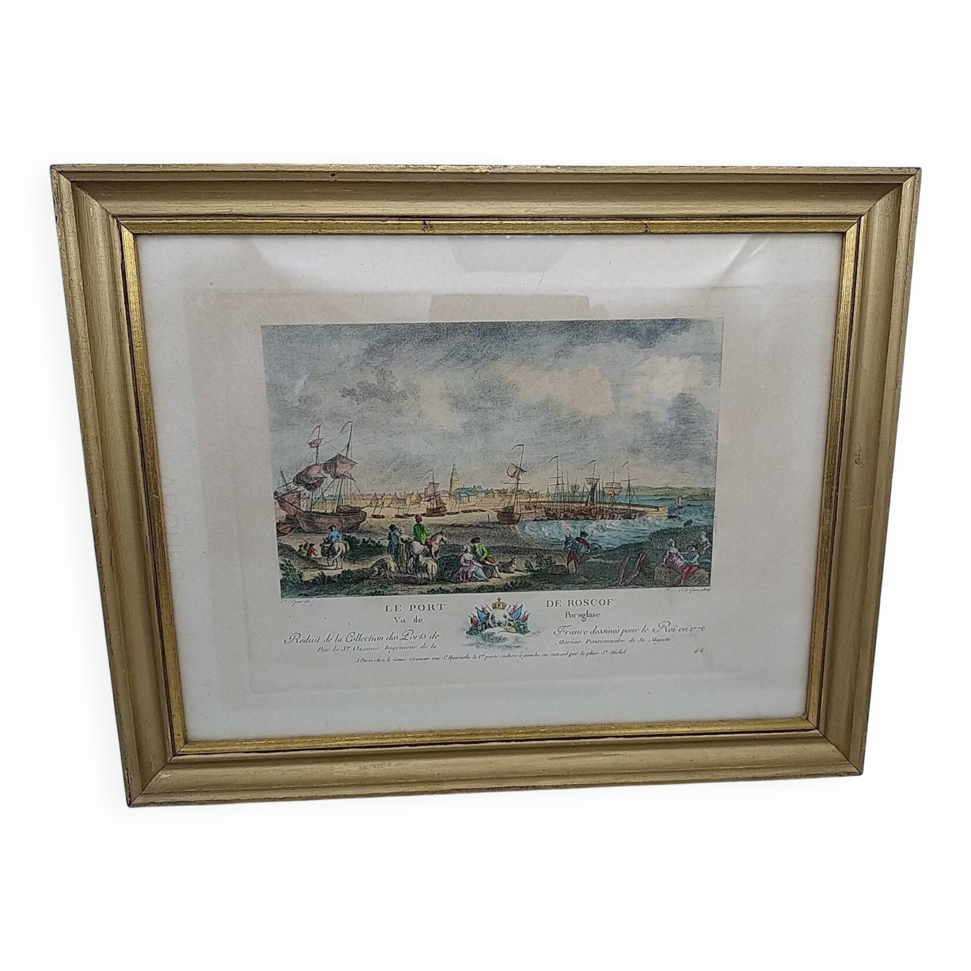 Original engraving of the port of Roscoff. Late 19th century.