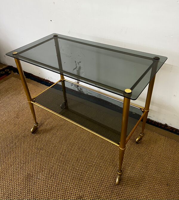 Console / desserte en laiton et verre fumé