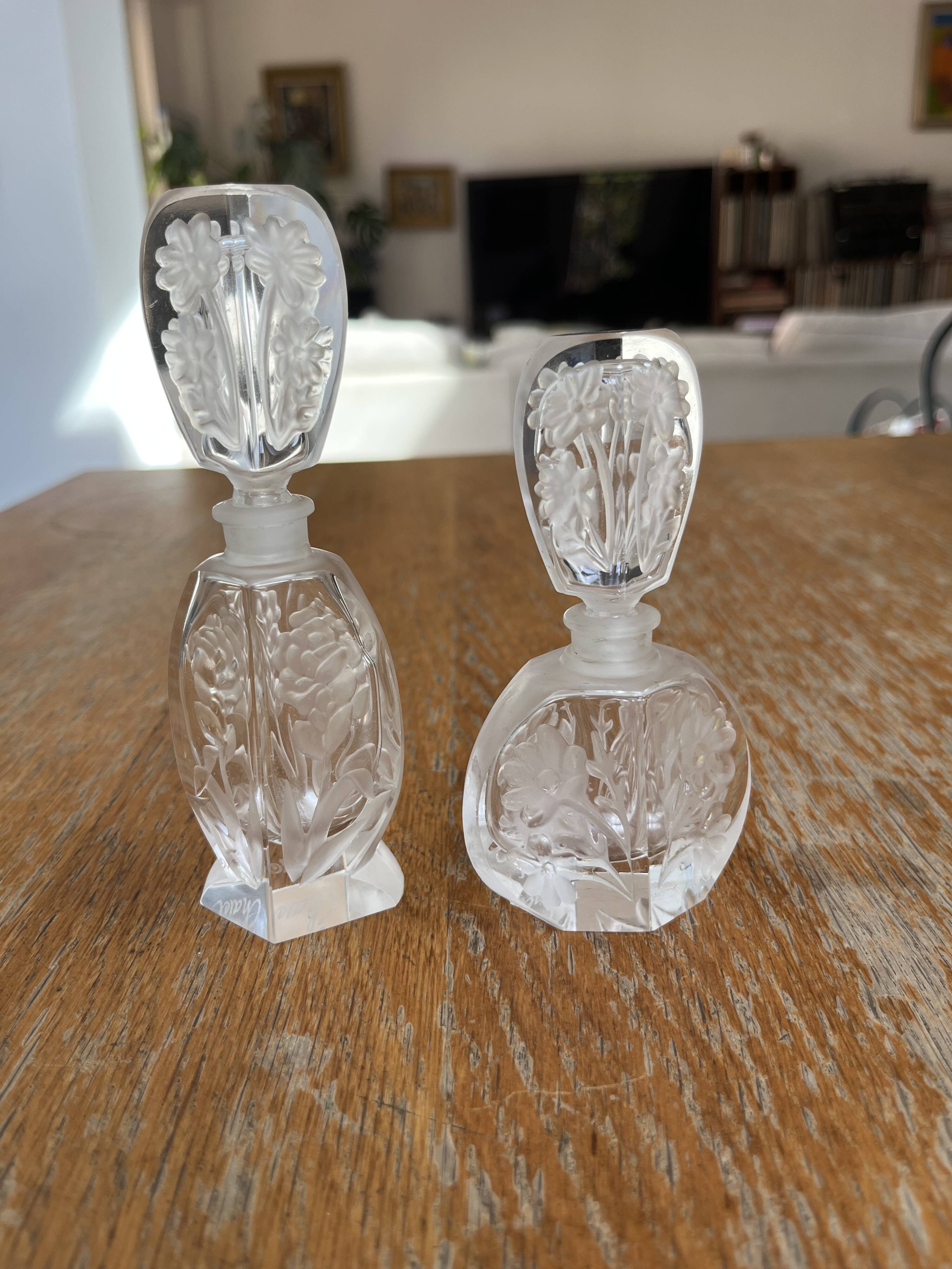 Pair of antique frosted crystal perfume bottles – Signed Charet