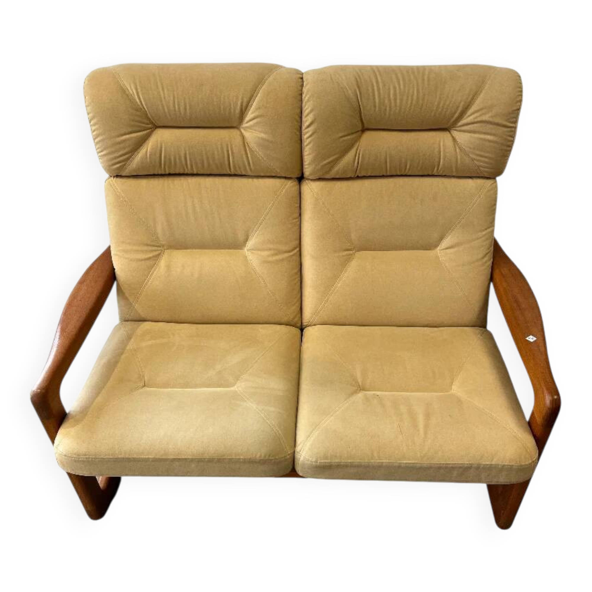 Scandinavian two-seater bench in solid teak and suede from the 1970s.