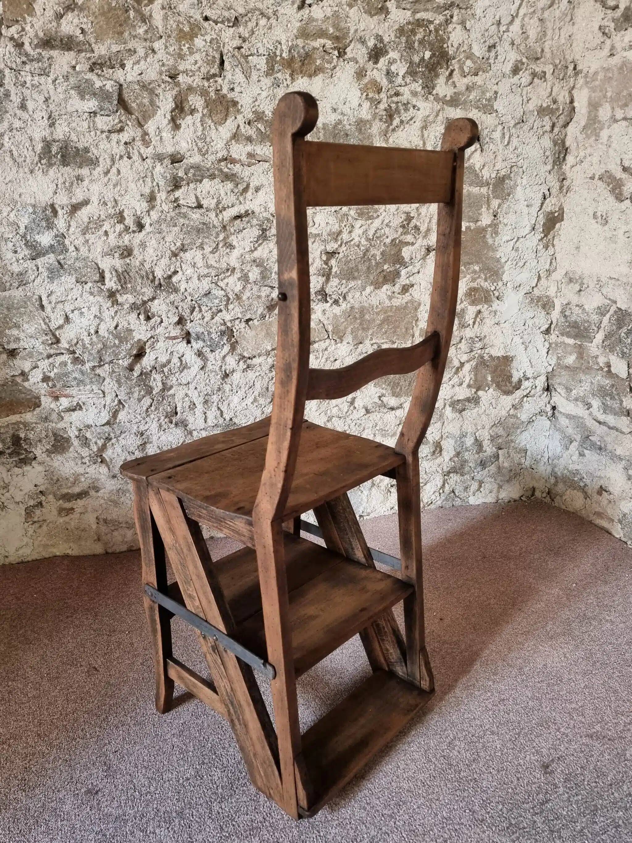 Chaise échelle de bibliothèque en chêne français antique – Tabouret escamotable