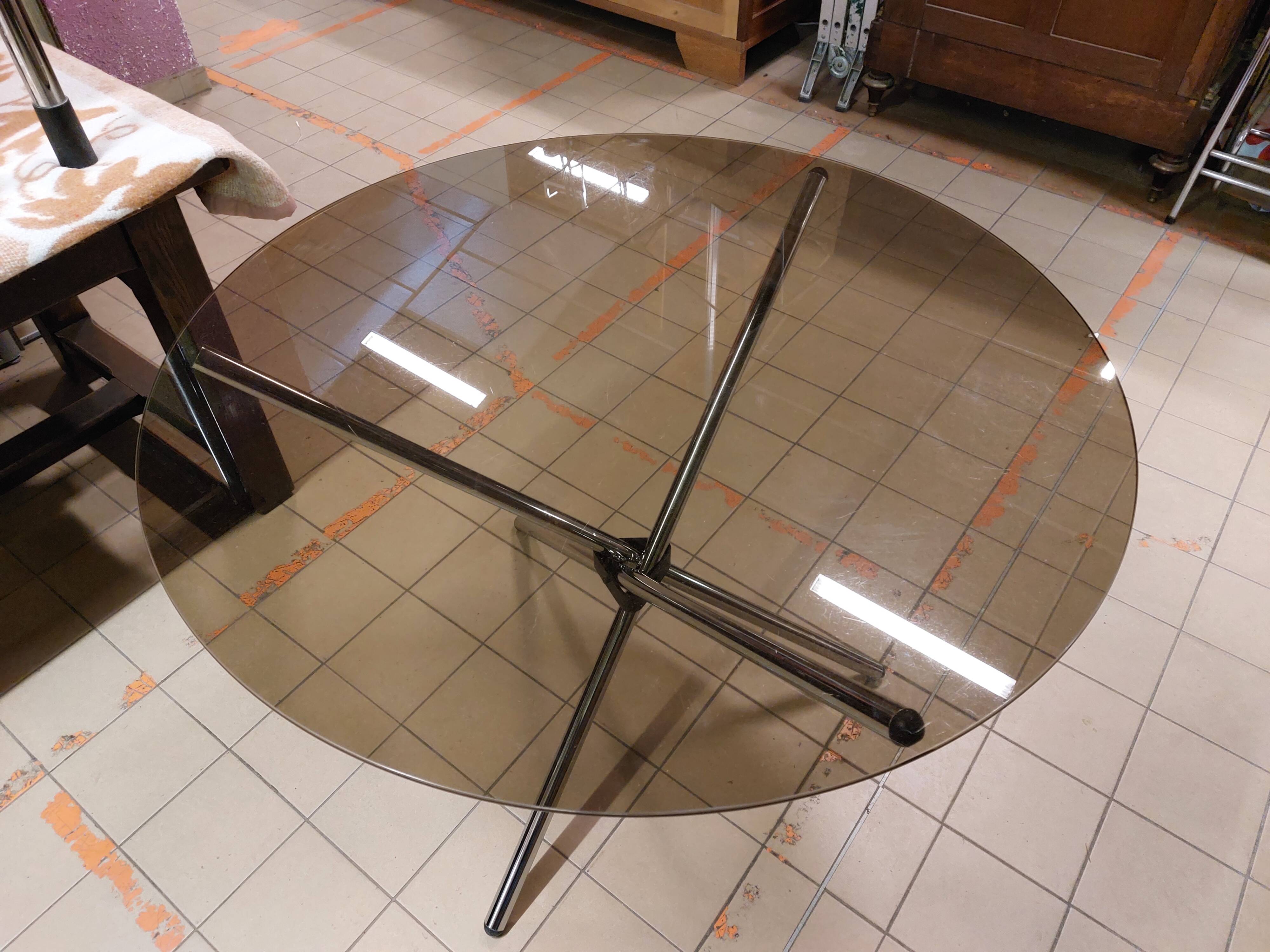 Roche Bobois vintage round table Chrome and smoked glass