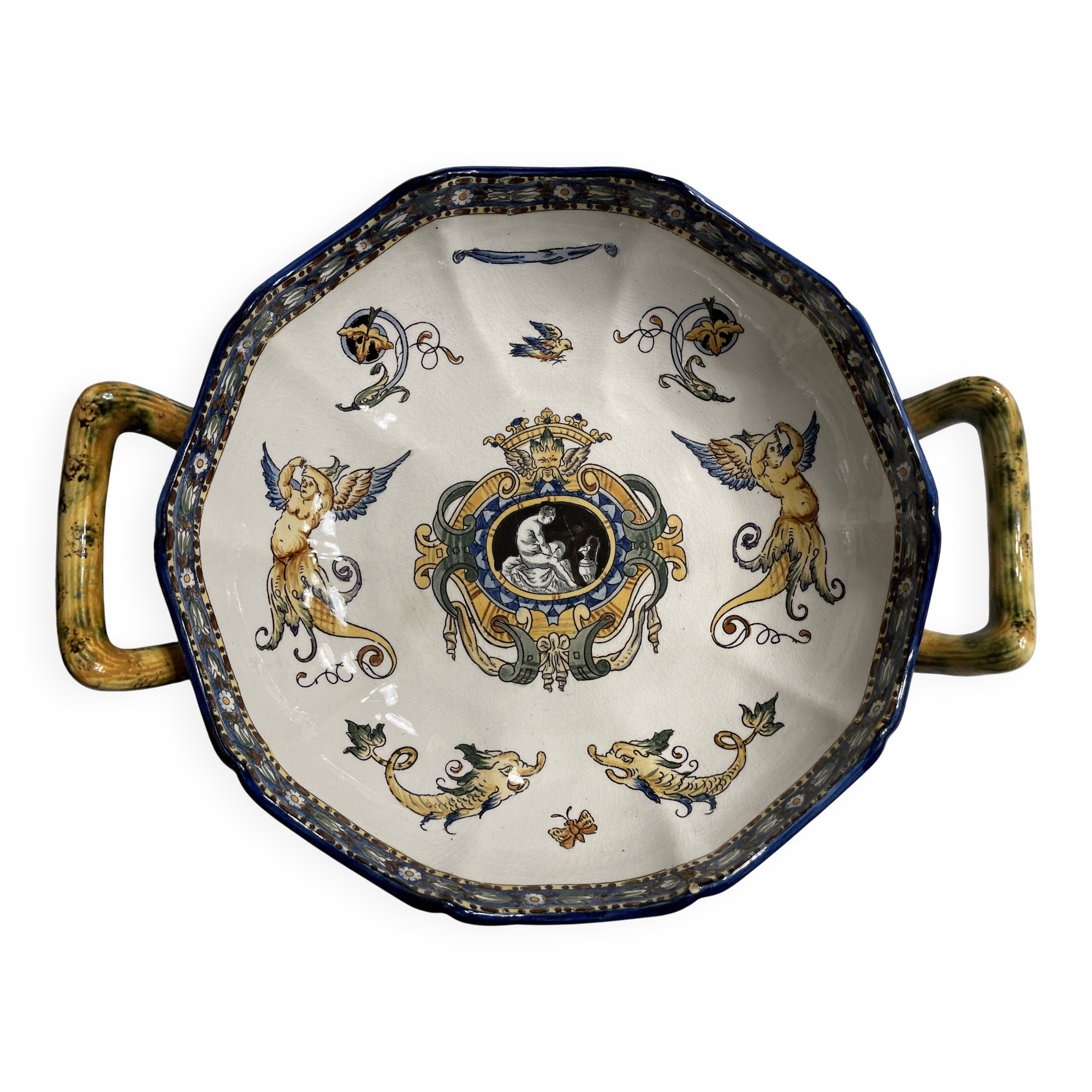 Melonniere in fine polychrome earthenware from Gien with Italian Renaissance decor