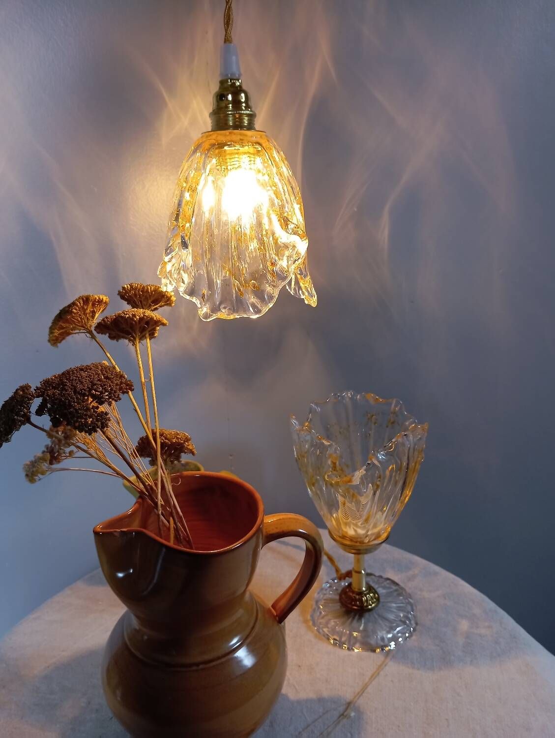 Hanging pendant light thick transparent draped and amber glass, vintage