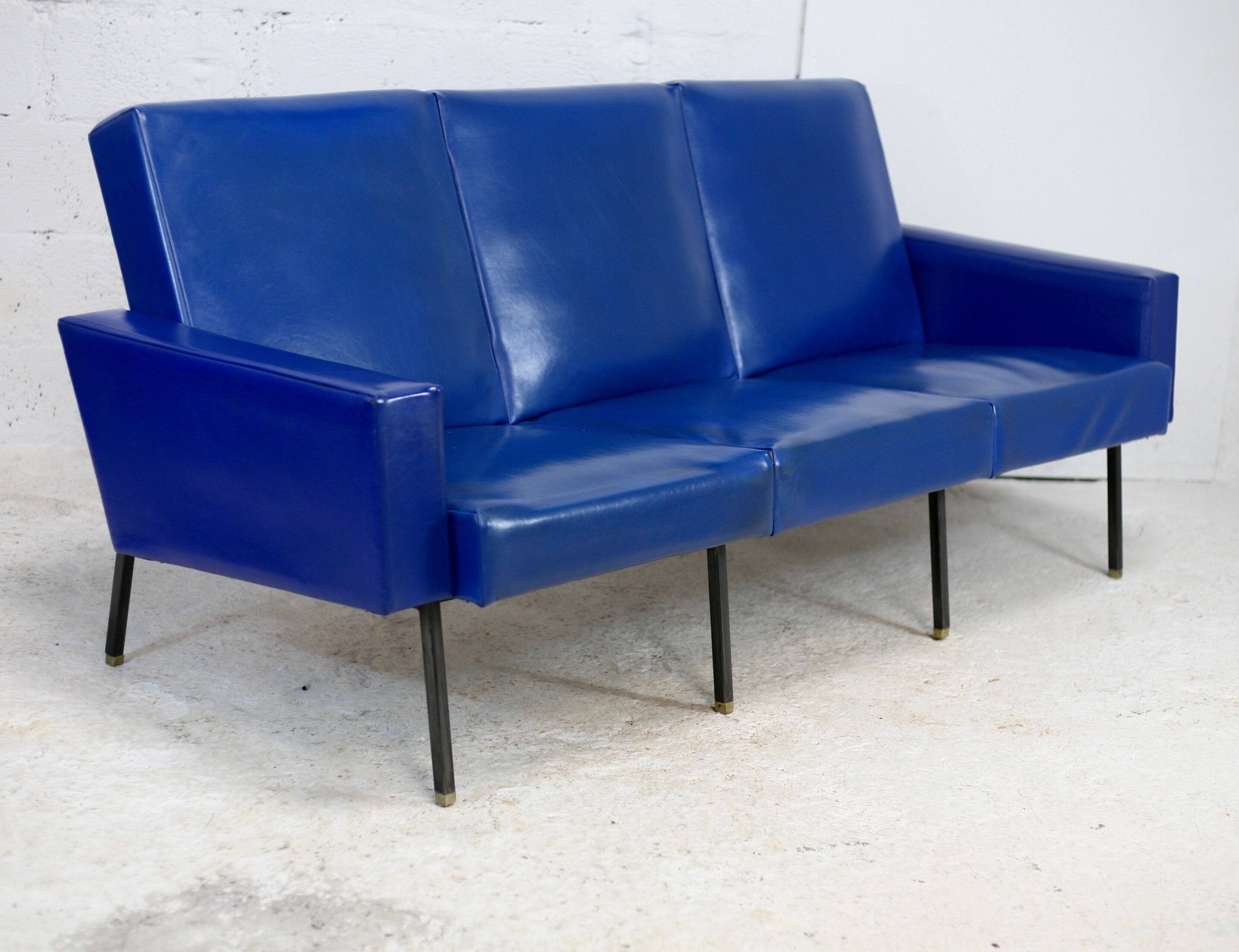 Sofa imitation leather blue and steel, 3 seats, France, circa 1960