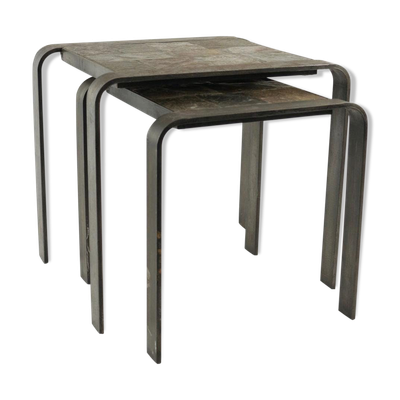 Tables gigognes des années 1960-1970 en fer forgé et ardoise