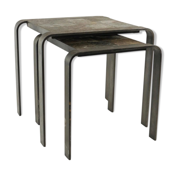 Tables gigognes des années 1960-1970 en fer forgé et ardoise
