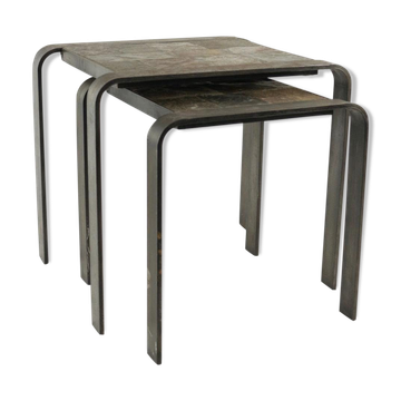 Tables gigognes des années 1960-1970 en fer forgé et ardoise