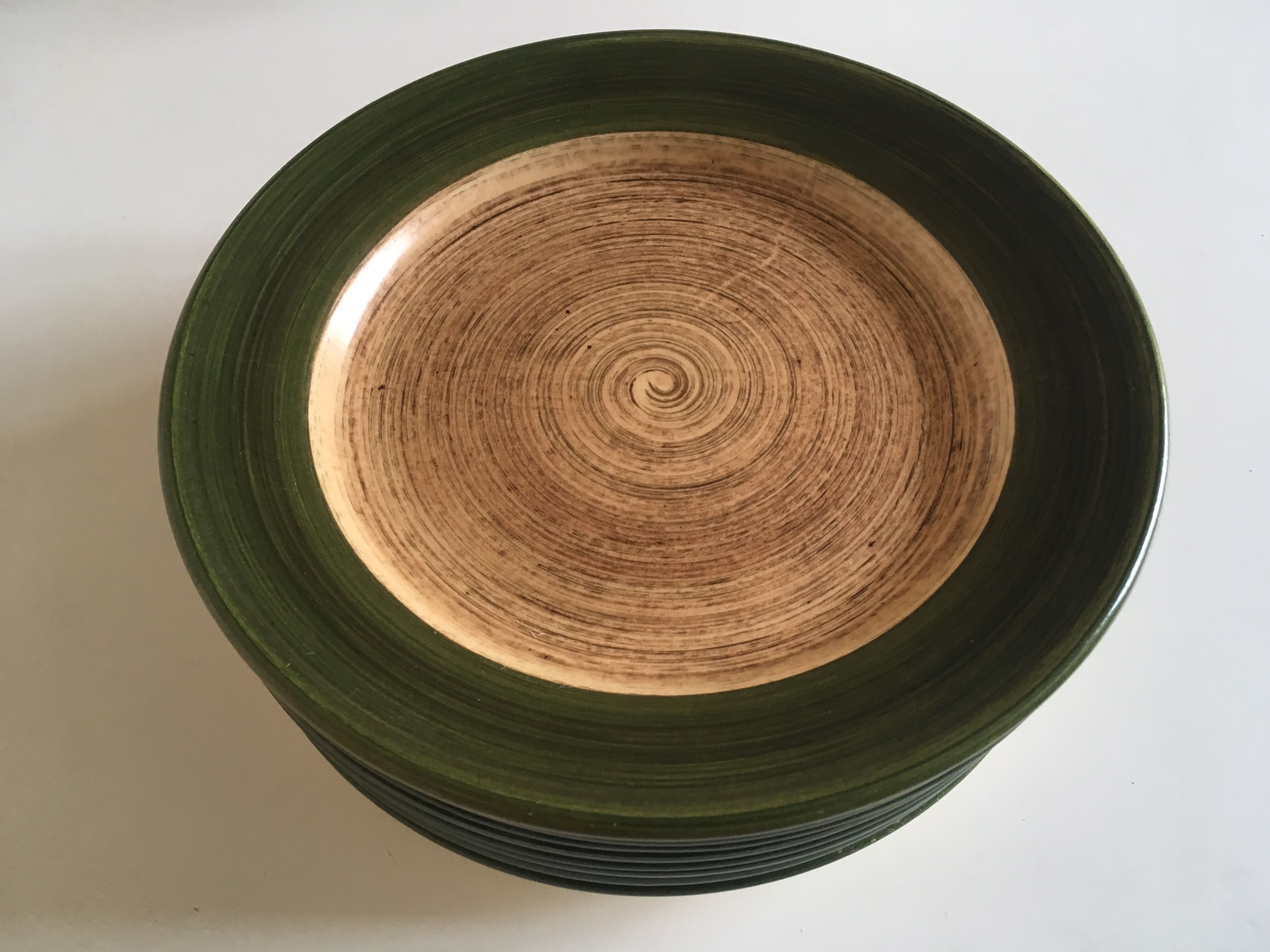 Set de 8 assiettes plates en grès 1970 St Clément bois de rondin de ferme