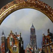 Large painting urban scene oil on wood framed John Haanstra vintage