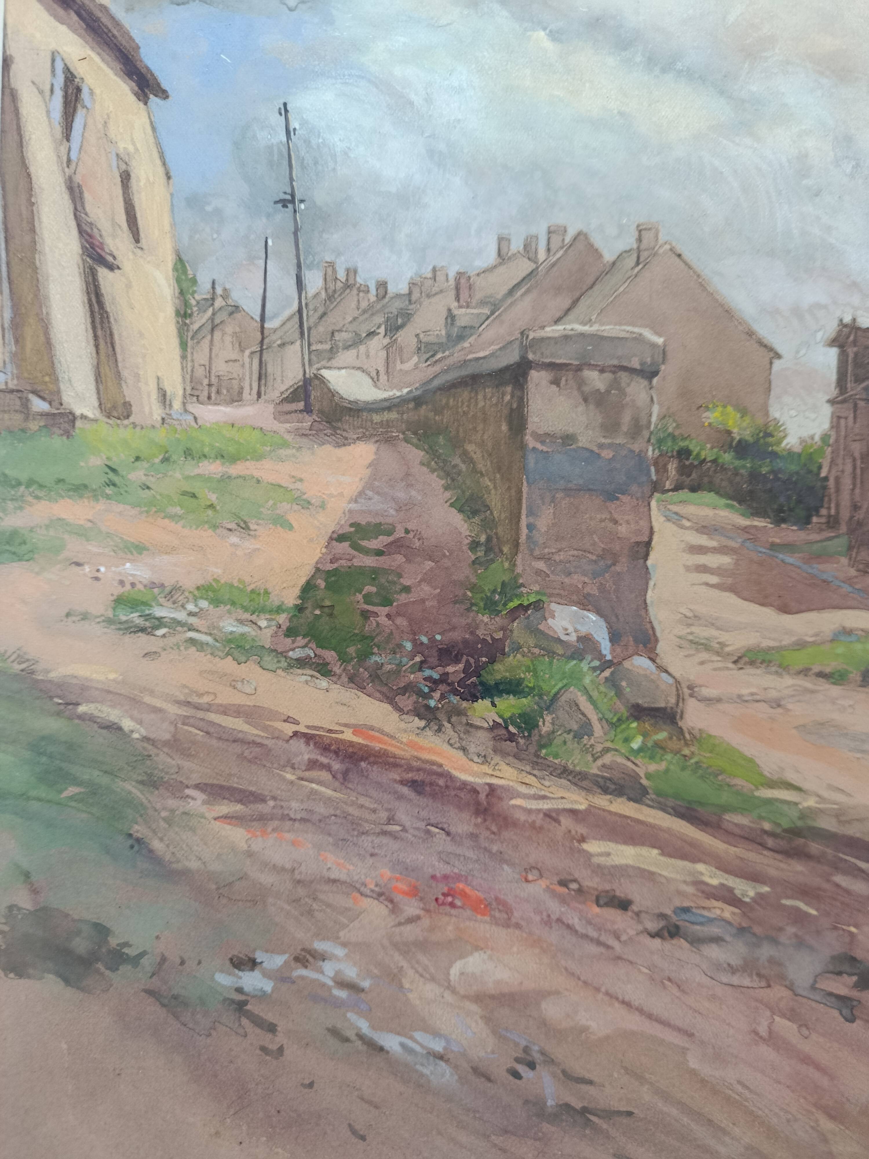 Watercolor by henri chartier: village streets around 1900, military painter