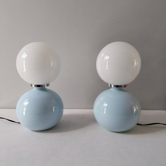Italian ceramic table lamps with opaline glass shades.