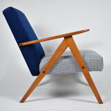 Vintage original 60s armchair, refubrished, blue velvet, poule fabric