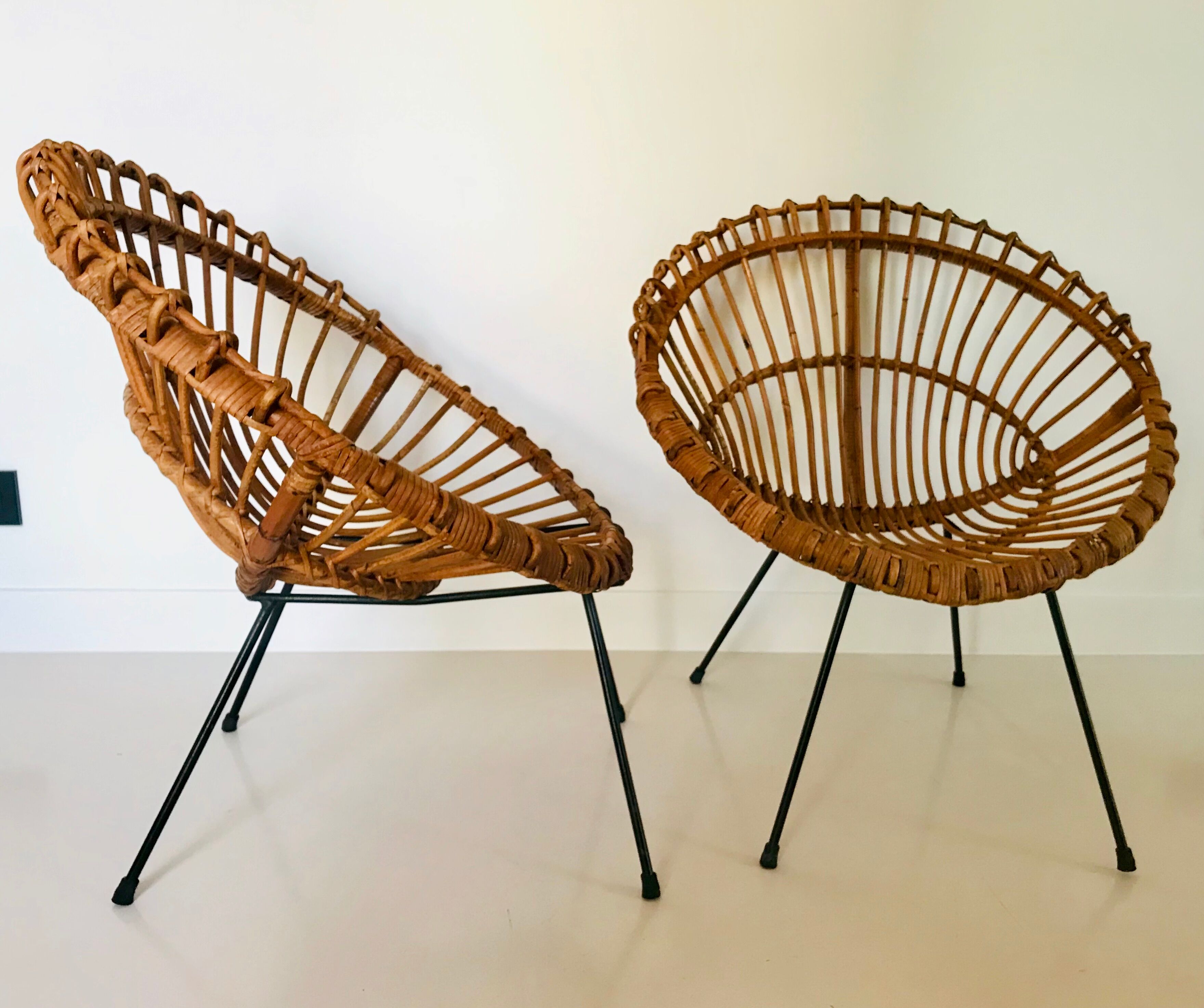 Pair of rattan armchairs, italy 60s