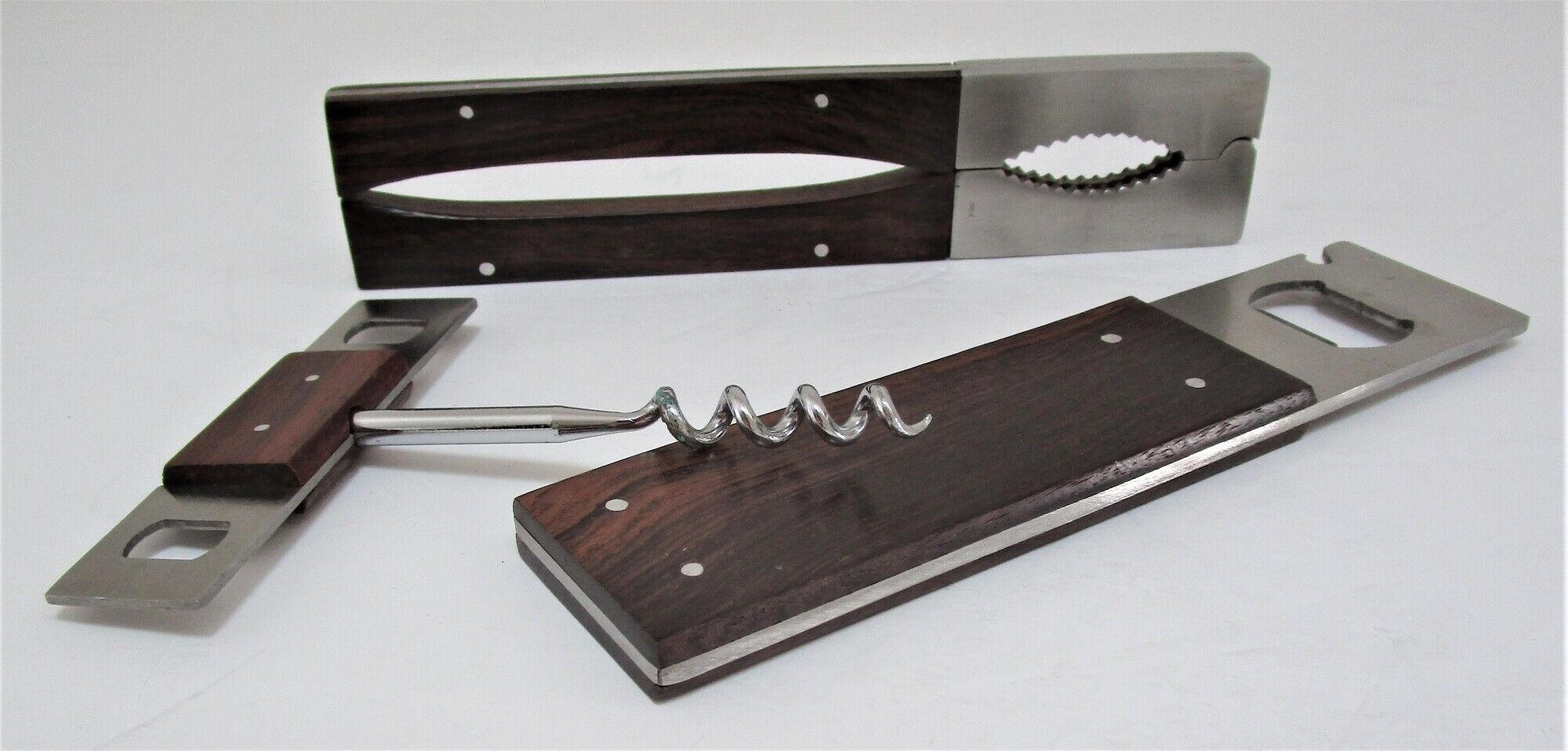 set rosewood stainless steel nutcracker corkscrew bottle opener design 70s Letang Remy